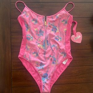 LoveShackFancy X Beach Riot Cheryl Swim Suit in Hints of Hibiscus Pink